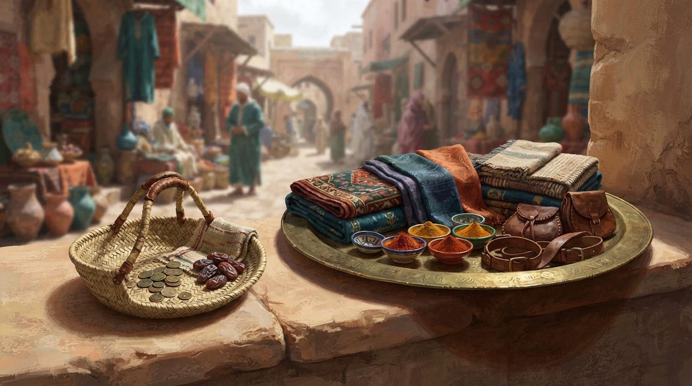 Editorial illustration of A small woven grass market basket holding a few coins and a handful of dried dates sits on a sunlit sandstone ledge, its