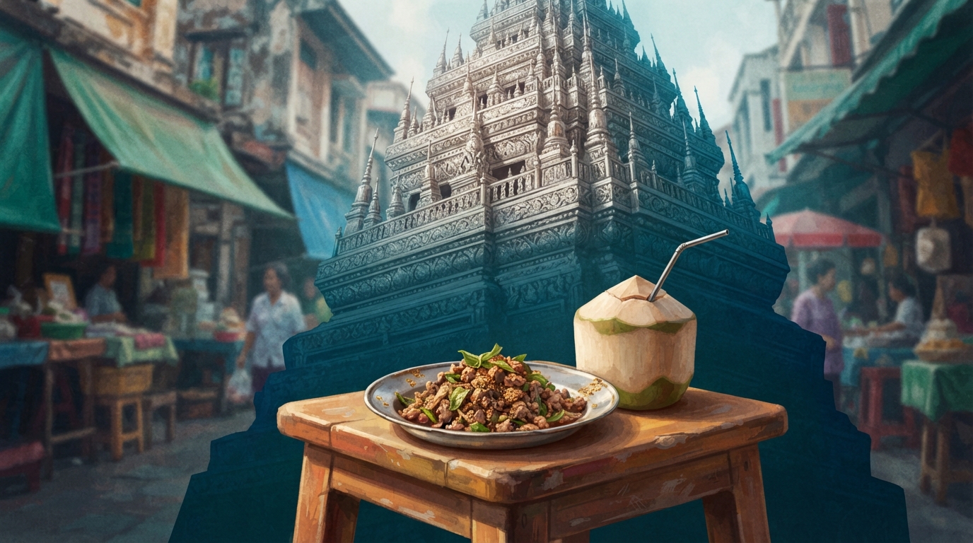 Editorial illustration of A modest tin plate of grilled laap and a whole fresh coconut with a straw sits on a low, worn wooden street-stall stool,, representing cheapest places to travel 2027