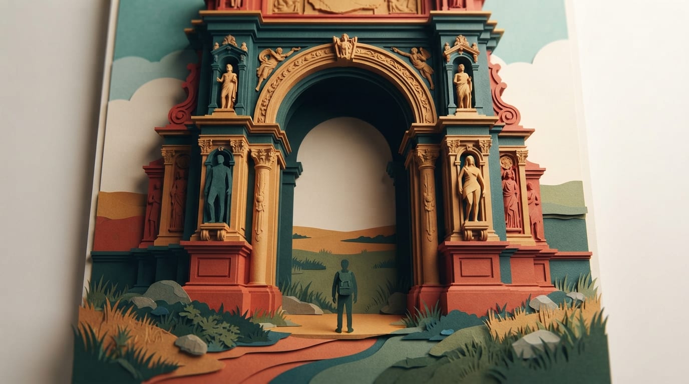 A solitary traveler stands before a grand stone gateway opening onto empty grassland, nothing beyond it