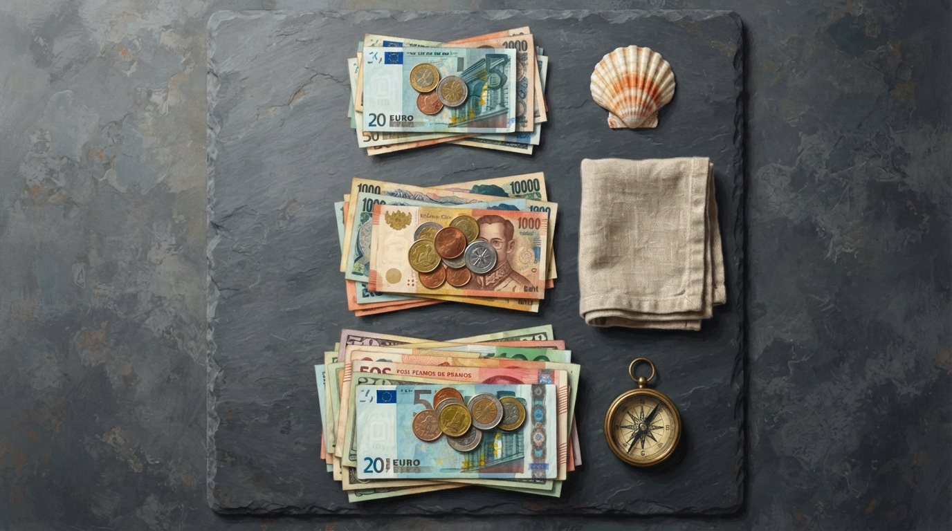 Editorial illustration of Overhead flat-lay of three small stacks of foreign currency notes and coins arranged in a row on a slate countertop, ris