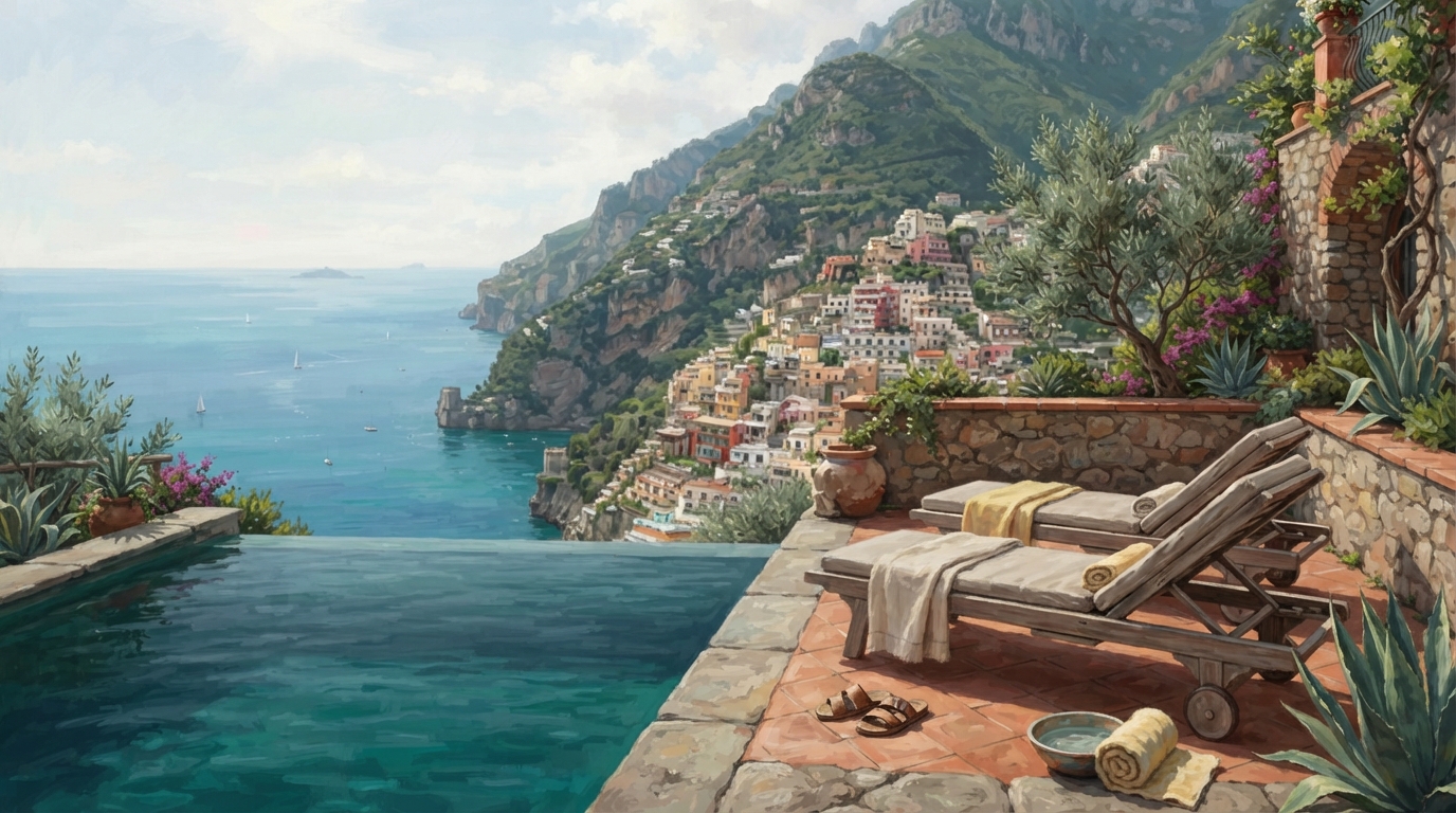 Editorial illustration of A private infinity pool perched on a cliffside terrace above the Amalfi coastline, the turquoise sea and distant terraco