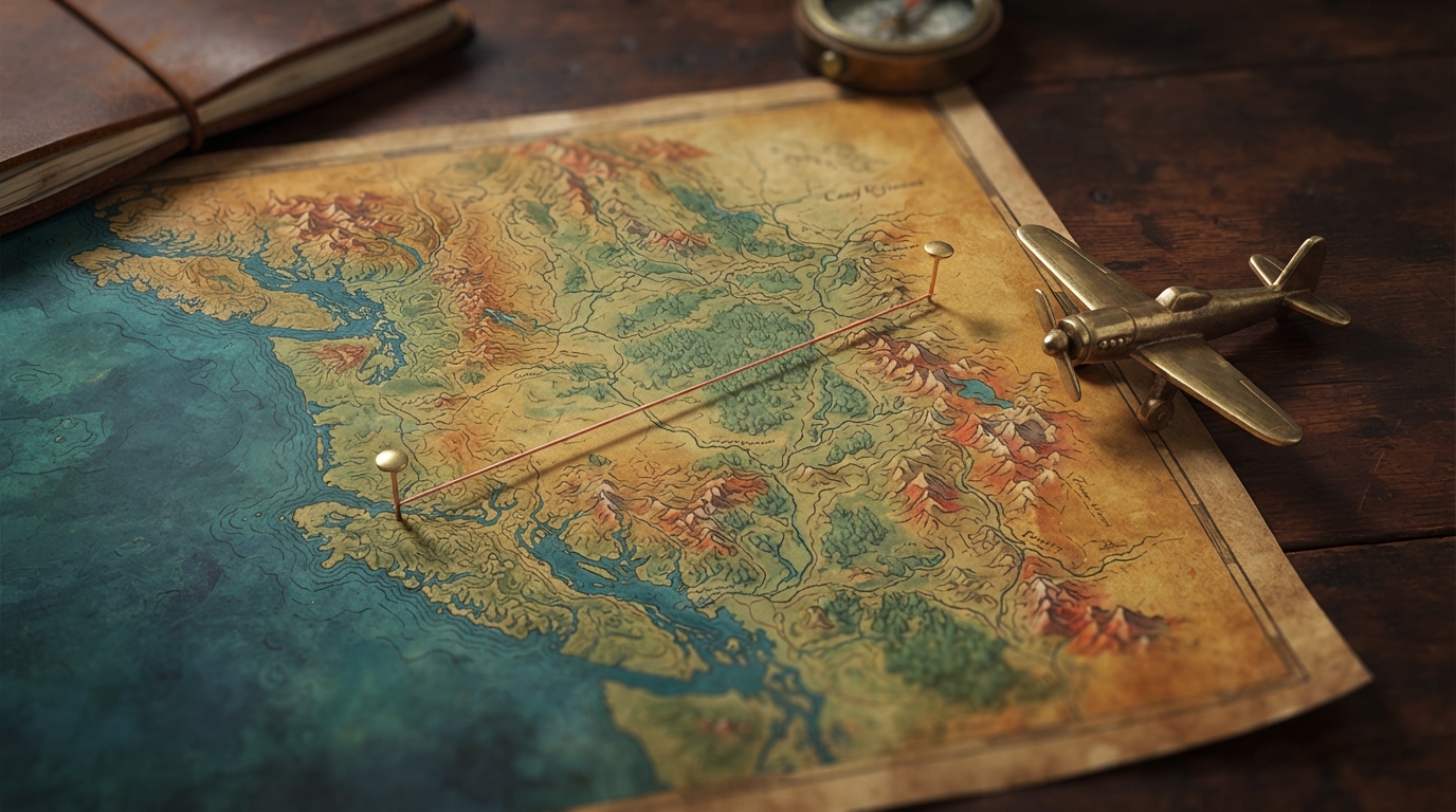 Editorial illustration of An unmarked cartographic chart of coastal terrain rendered in aged ochre and teal tones, with a single copper thread str