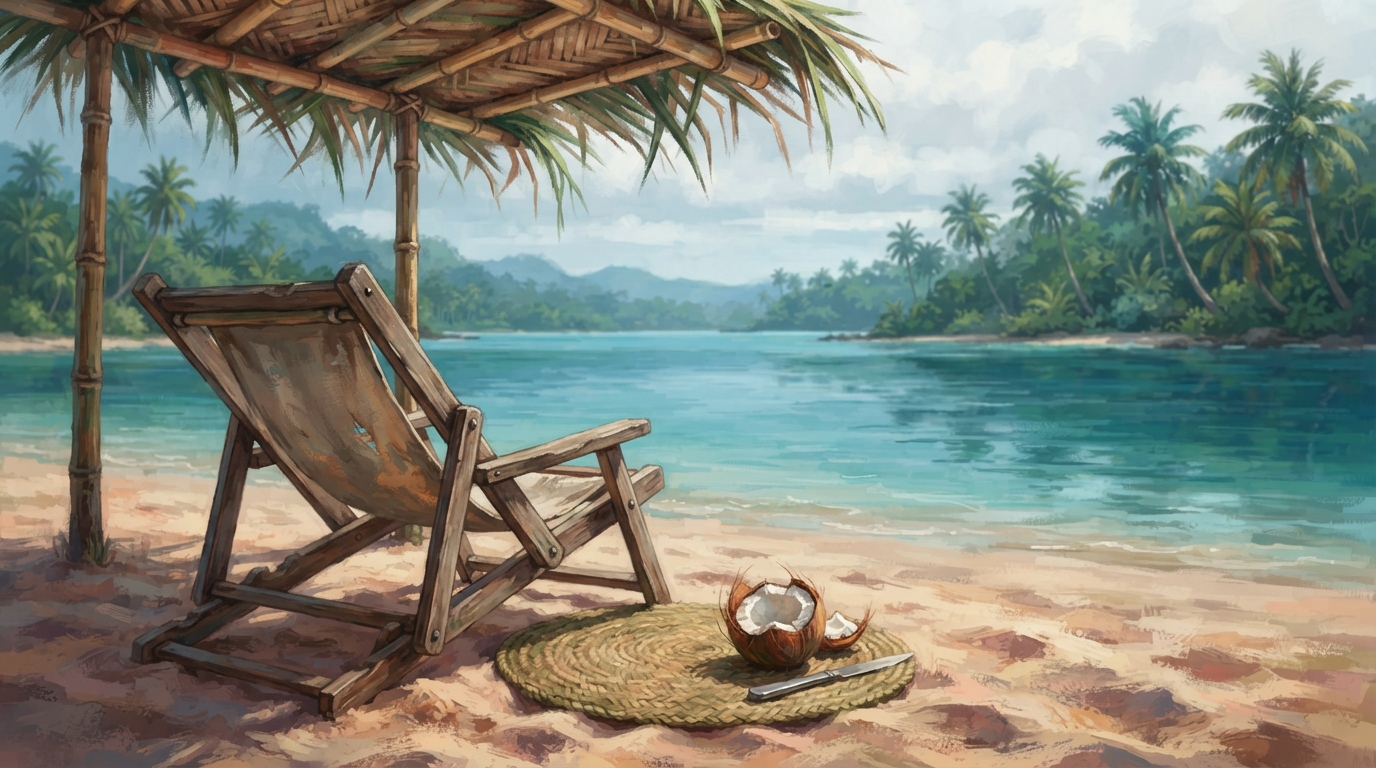 Editorial illustration of A weathered wooden beach chair sits under a palm-leaf awning facing a calm turquoise lagoon