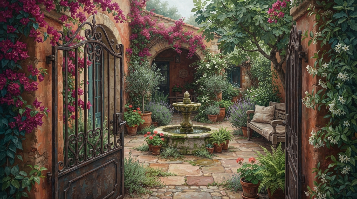 Editorial illustration of A wrought-iron garden gate stands slightly ajar, opening onto a private courtyard framed by climbing bougainvillea in de