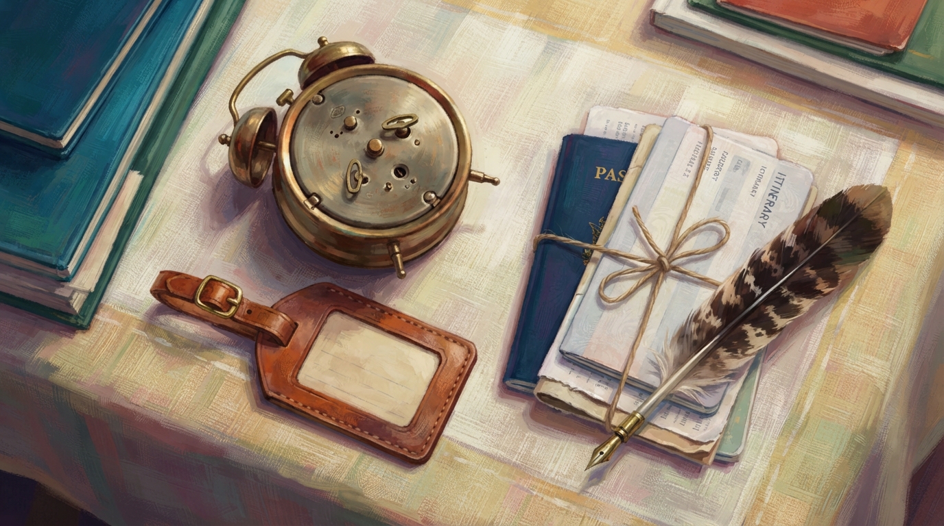 Editorial illustration of Overhead flat-lay of a vintage brass alarm clock lying face-down on a linen tablecloth, beside a leather luggage tag and