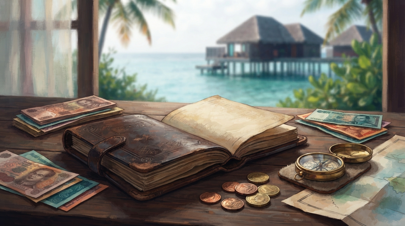 Editorial illustration of A weathered leather-bound travel ledger lies open on a dark wooden desk, its blank pages catching soft diffuse light, representing best honeymoon destinations 2027