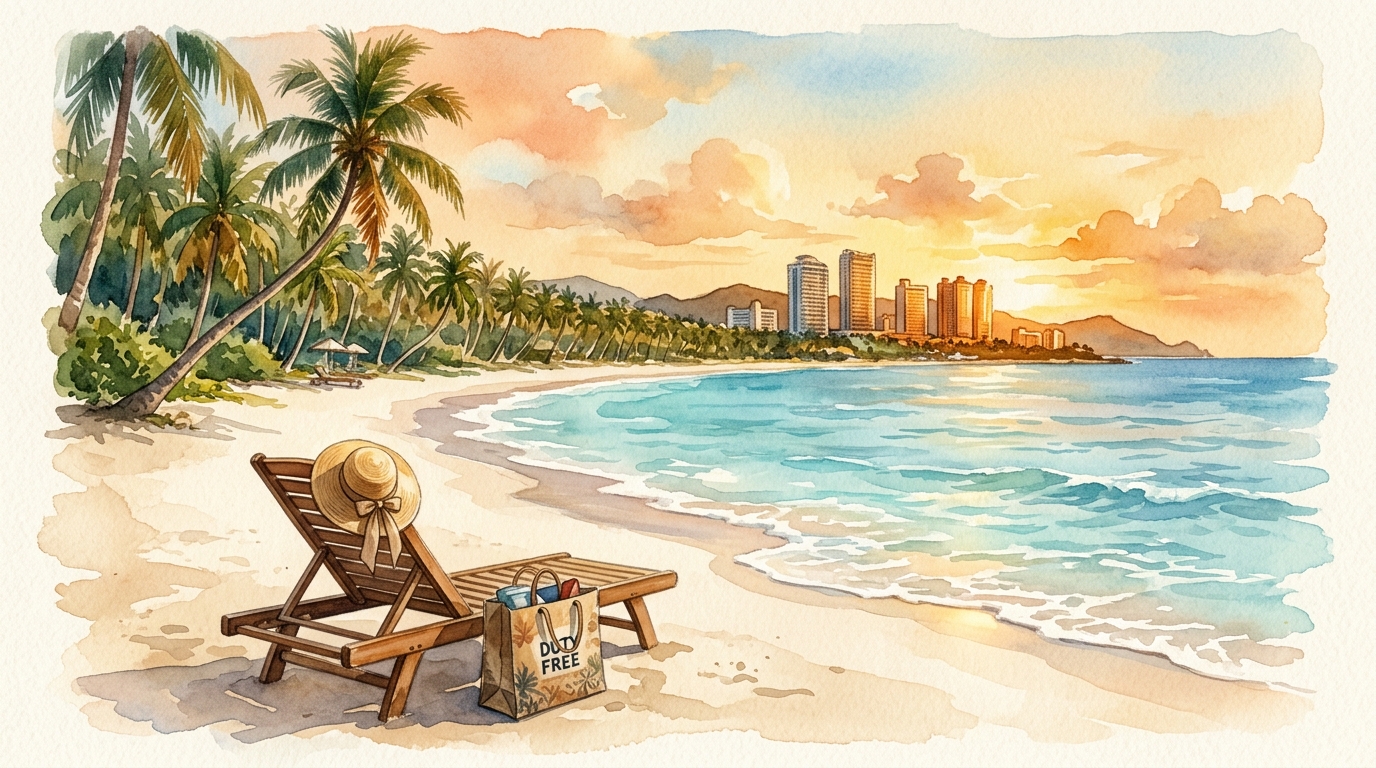 Aquarellillustration einer weitläufigen tropischen Küste auf der Insel Hainan zur goldenen Stunde, mit türkisfarbenem Südchinesischen Meer