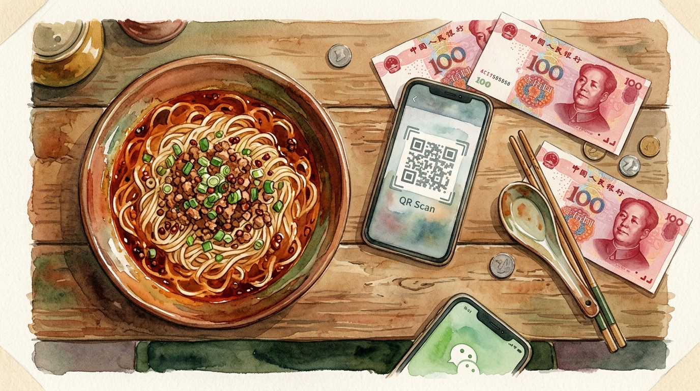 Aquarellillustration einer Draufsicht auf eine abgenutzte Holztheke einer Nudelbude mit einem Smartphone, das einen QR-Code-Scan anzeigt
