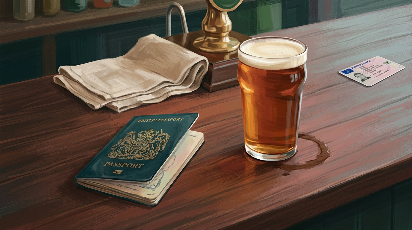 Aquarell-Illustration: ein offener Reisepass auf einem dunklen, geoelten Bartresen aus Holz neben einem vollen Glas Bier