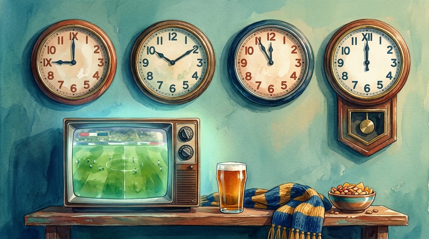 Aquarell-Illustration: vier alte Wanduhren in einer Reihe ueber einem leuchtenden Fernseher mit verschwommenem Spielbild