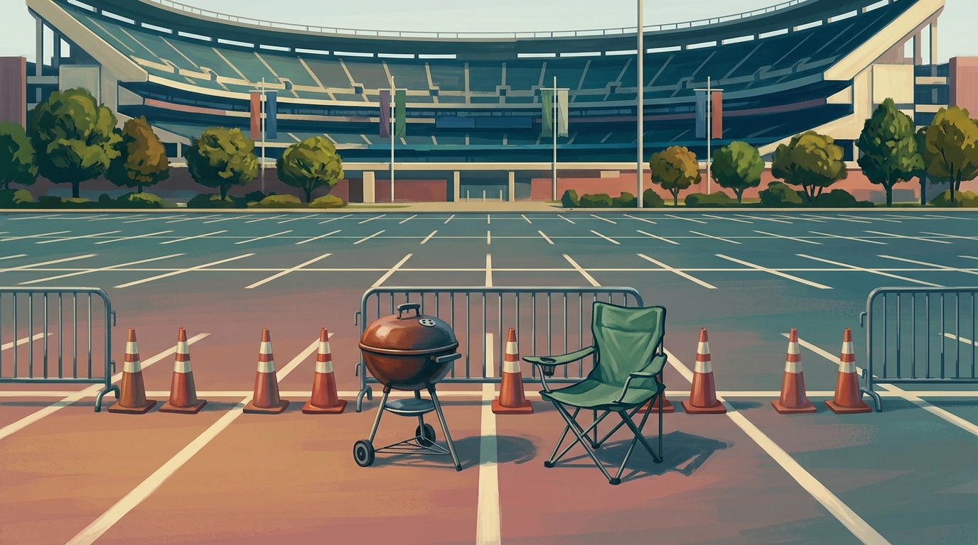 Aquarell-Illustration eines riesigen leeren Stadionparkplatzes am Spieltag, ein einzelner geschlossener Holzkohlegrill und ein zusammengeklappter Campingstuhl