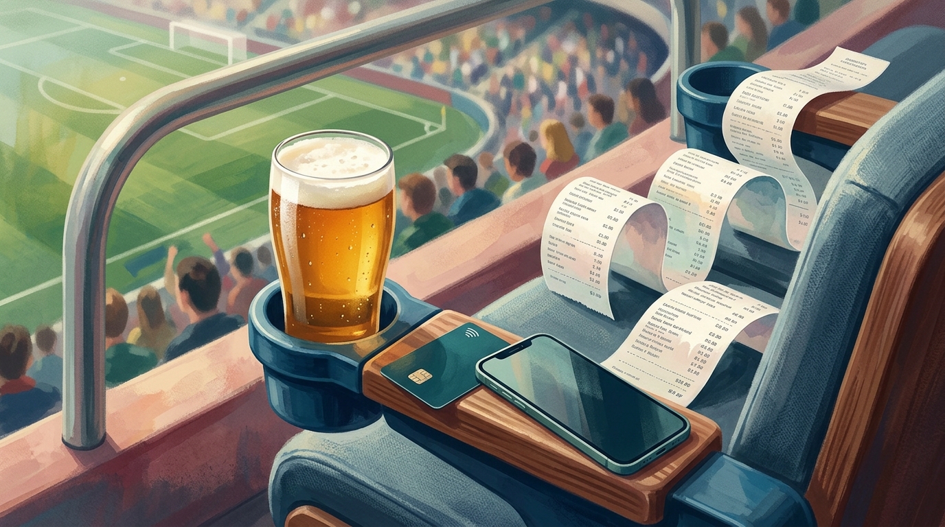 Aquarell-Illustration: Nahaufnahme eines Stadionsitz-Becherhalters mit einem hohen Becher goldenen Biers, daneben eine kontaktlose Bankkarte