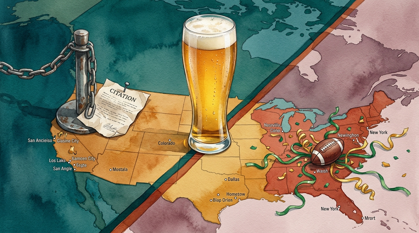 Aquarell-Illustration: Bierbecher und Reisepass vor Stadionkulisse zur Fußball-WM 2026 in den USA, Kanada und Mexiko