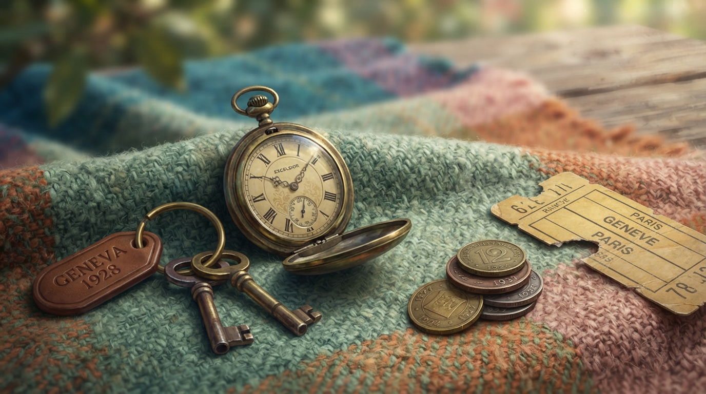 Editorial illustration of A vintage pocket watch and a brass key ring resting on a woven picnic blanket, beside a punched ticket stub seen edge-on