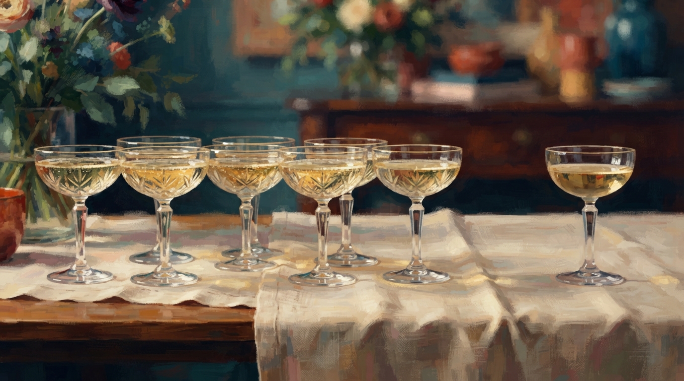 Editorial illustration of A row of seven matching champagne coupes filled to the brim on a linen-draped table, and one eighth glass set slightly a