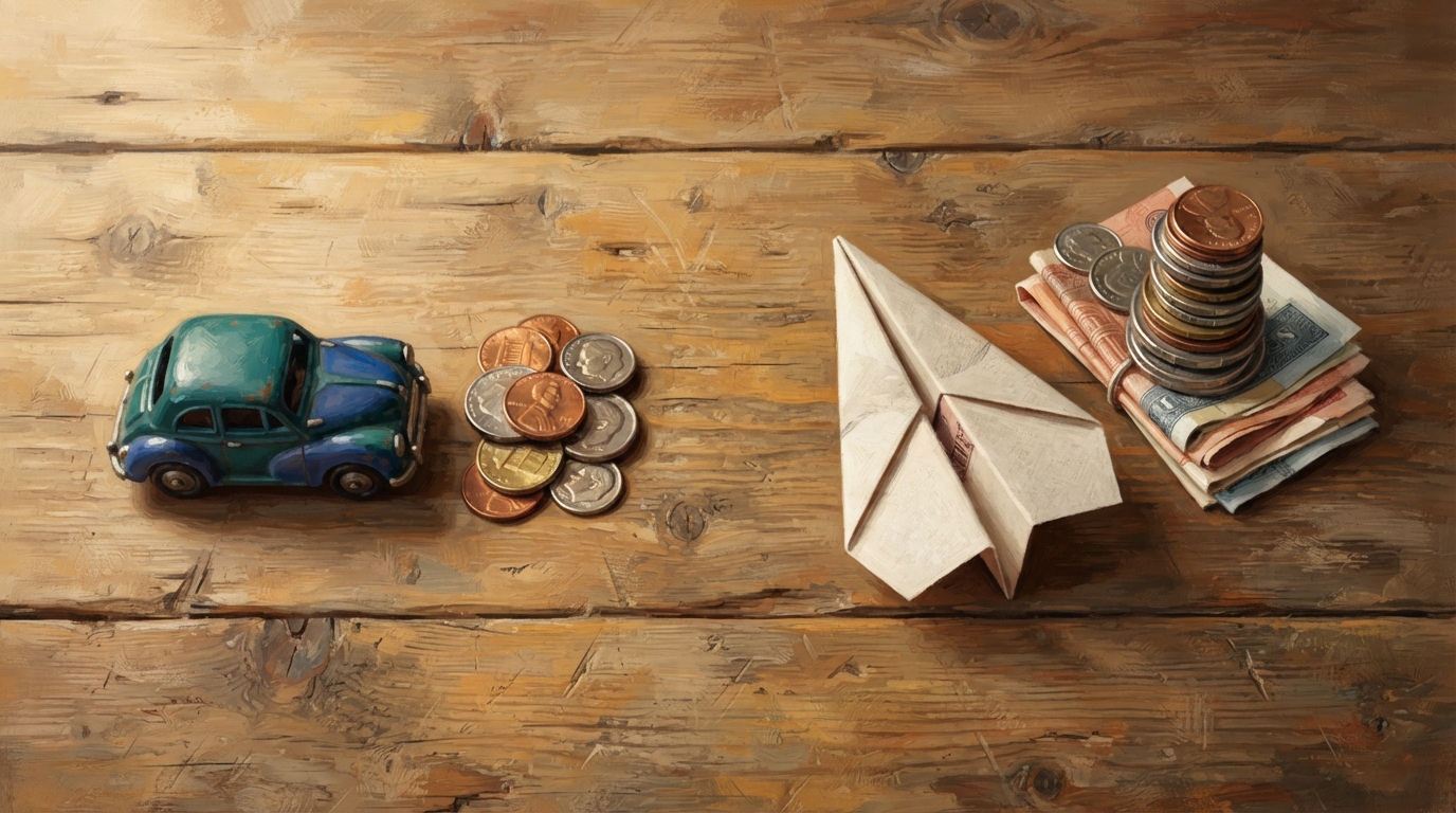 Editorial illustration of Overhead flat-lay comparing two small toy vehicles on a weathered wood table: a compact car resting beside a modest stac