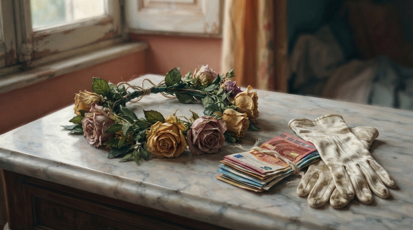 Editorial illustration of A single wilting flower crown resting on a marble vanity beside a small stack of folded banknotes and a pair of worn sil