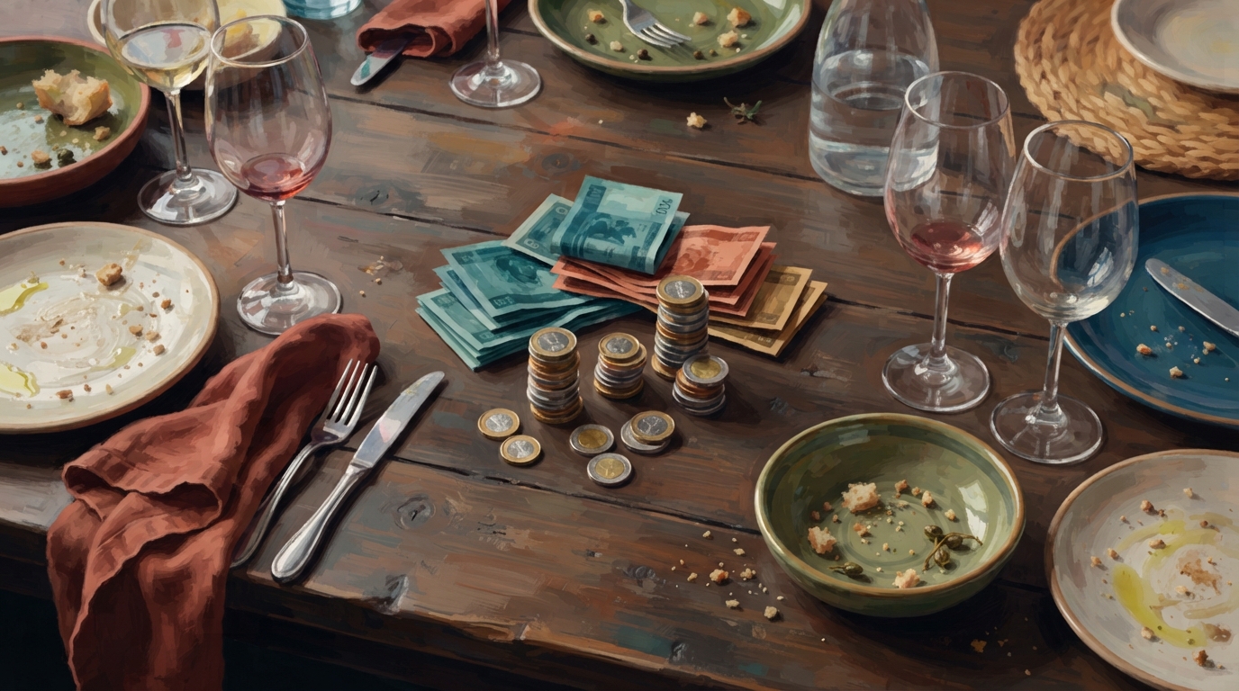 Editorial illustration of Overhead flat-lay of a restaurant table after a shared group dinner: several small stacks of coins and folded banknotes 