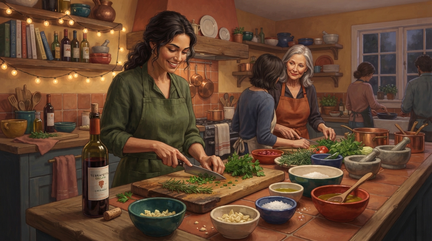 Editorial illustration of A cozy home kitchen counter mid cooking class: a wooden board with fresh herbs, a bottle of wine, hand-painted ceramic b