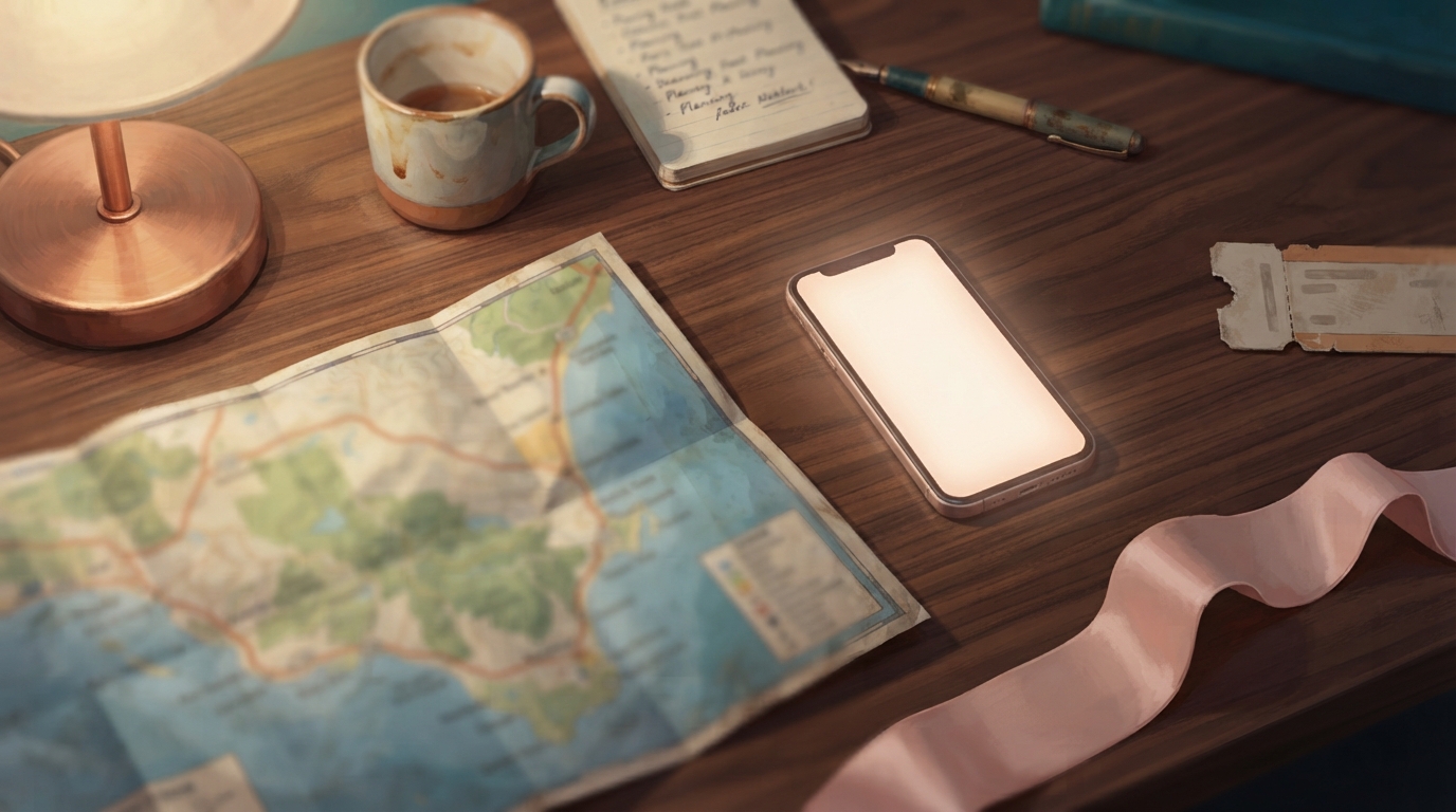 Editorial illustration of a bachelorette trip planning session: a blurred map, a phone, a ticket stub, and a plain sash on a warmly lit desk