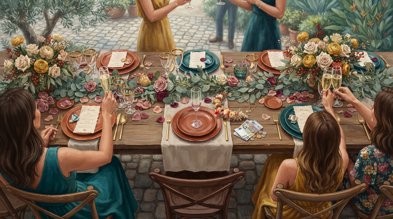 Redaktionel illustration af et elegant dækket bord til polterabend med champagneglas, en blomsterkrans og rosenblade, der symboliserer en polterabend hvor alle kan deltage