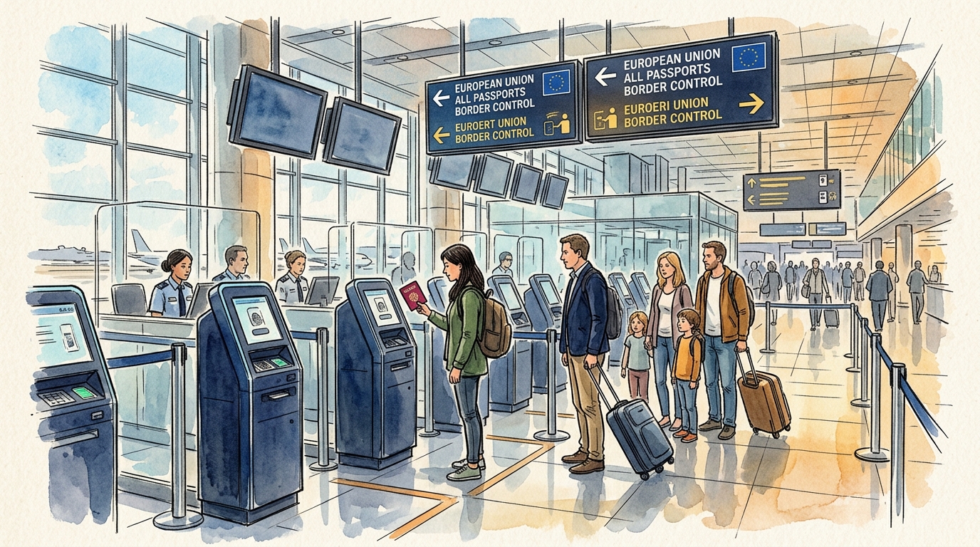 Europäischer Flughafen-Grenzkontrollbereich mit biometrischen Kiosken und wartenden Reisenden
