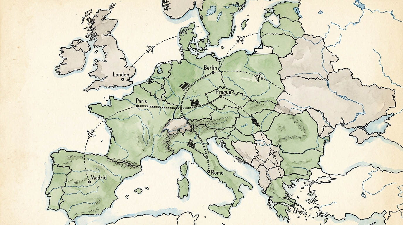 Illustrierte Karte Europas mit den 29 Schengen-Ländern und Flug- sowie Zugrouten zwischen Großstädten
