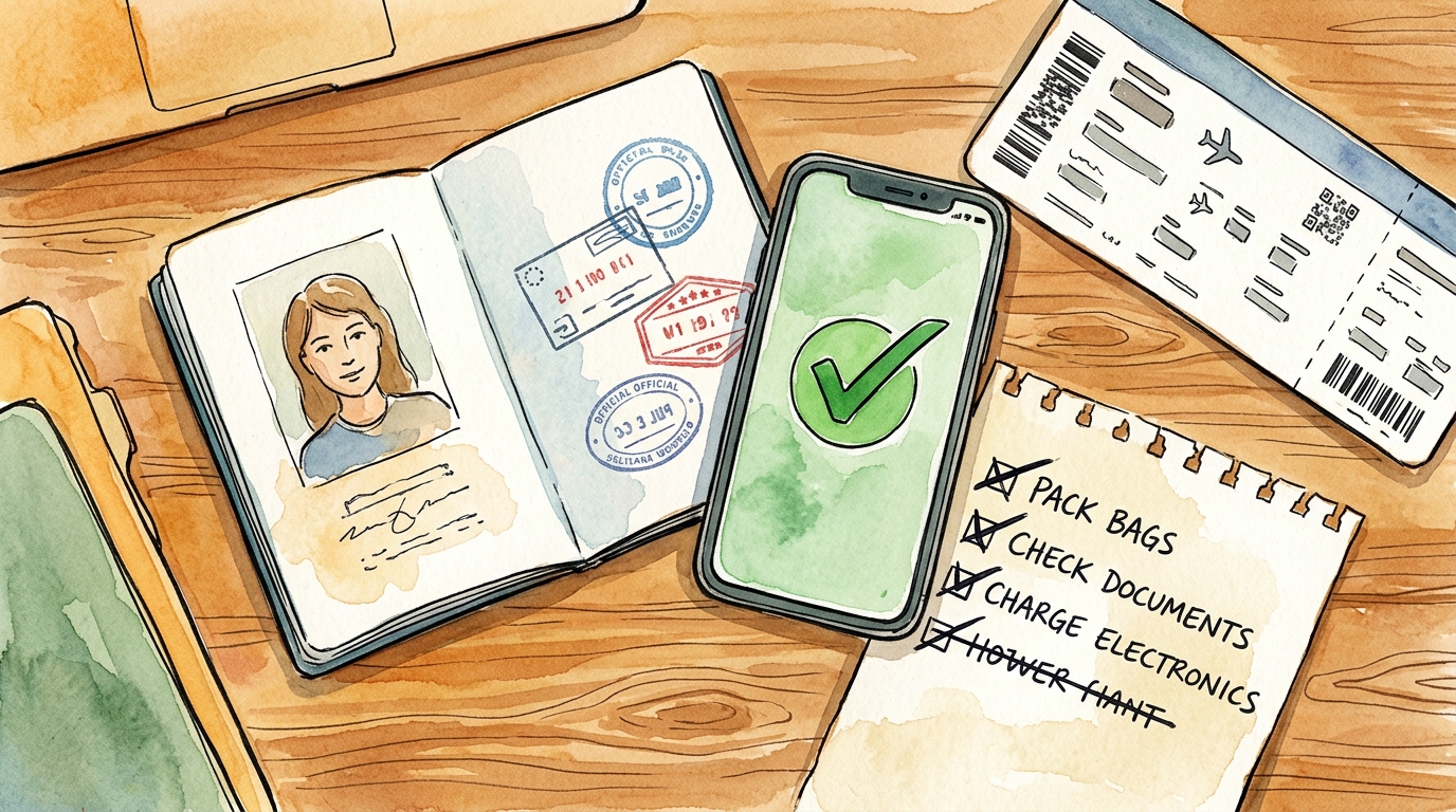 Reisevorbereitung von oben: Reisepass, Smartphone, Bordkarte und handgeschriebene Checkliste