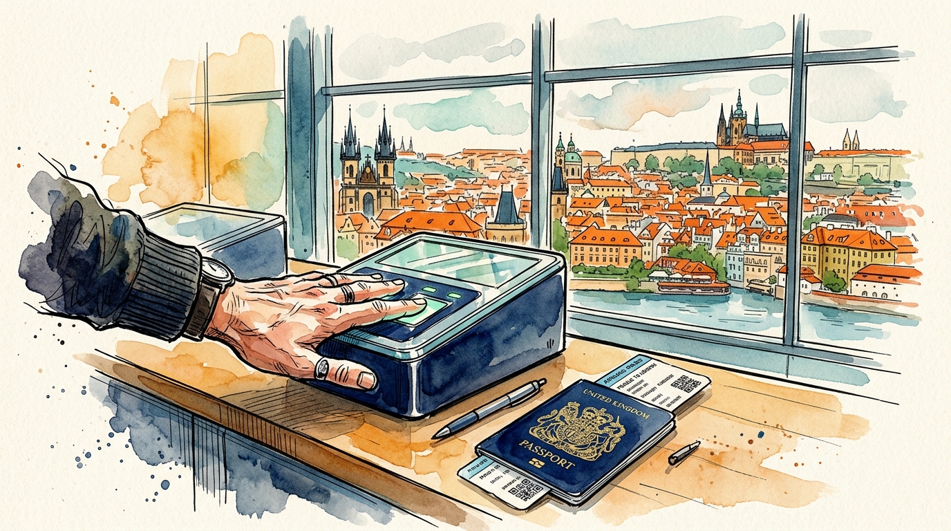 Traveler placing fingers on biometric scanner at European airport border control with Prague cityscape visible through window