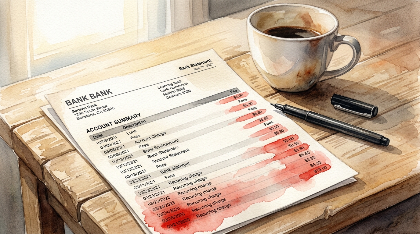 Watercolor illustration of a close-up still life: a printed bank statement lying on a kitchen table, with several line items highlighted in alarmin