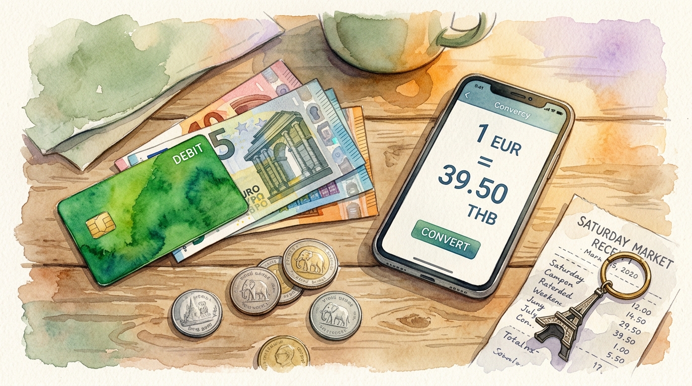 Watercolor illustration of a flat-lay scene on a worn wooden cafe table: a bright green debit card resting next to a small stack of euro banknotes 
