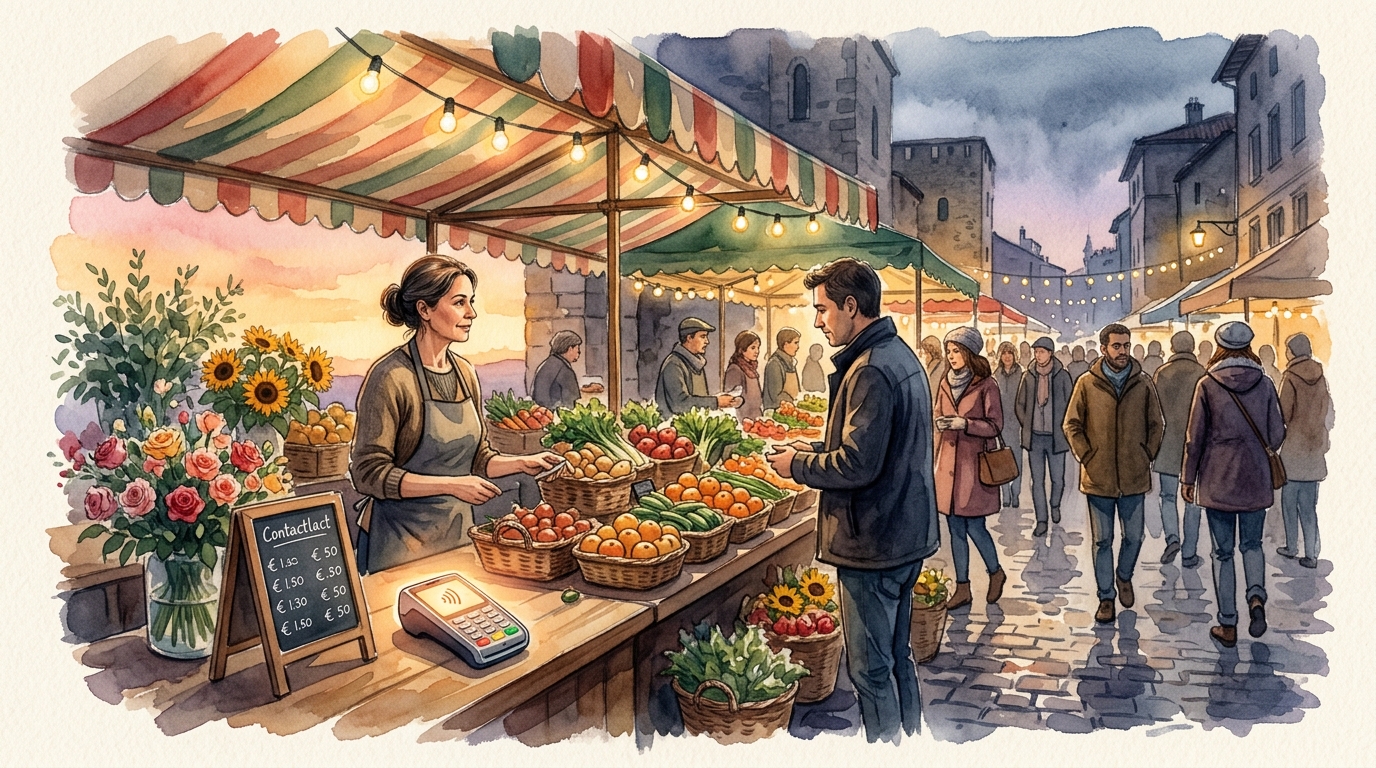 Watercolor illustration of a European weekend market scene at dusk