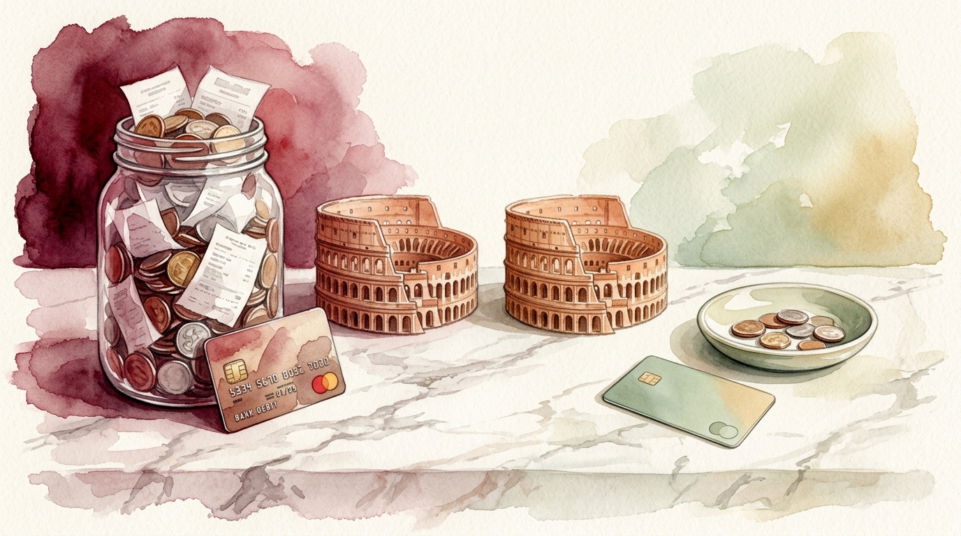 Watercolor illustration of a dramatic side-by-side still life on a marble surface