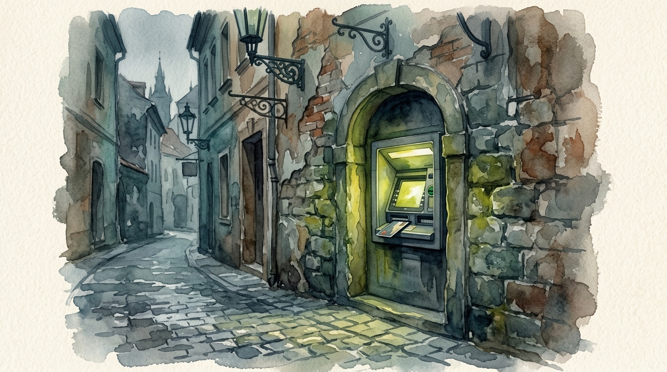 Watercolor illustration of an ominous European ATM machine embedded in a weathered stone wall on a narrow cobblestone street in Prague
