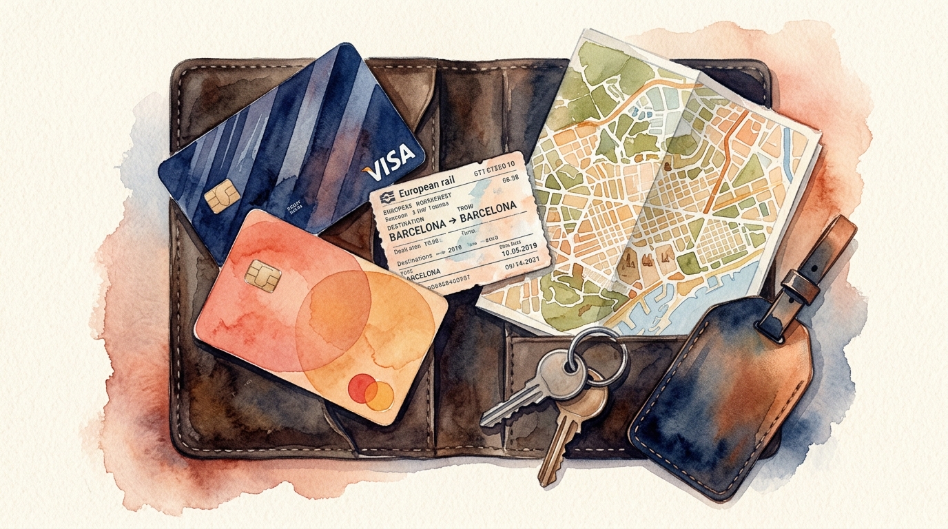 Watercolor illustration of a flat-lay travel preparation scene on a dark leather passport holder