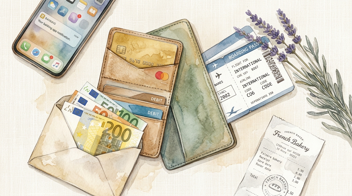 Watercolor illustration of an overhead flat-lay of a complete travel wallet spread out on a linen surface