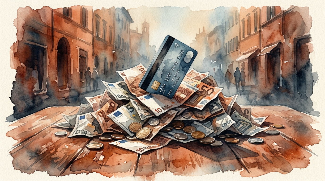 Watercolor illustration of a dramatic symbolic still life: a single debit card plunged vertically into a tall mountain of crumpled euro banknotes a, representing best travel card abroad no fees