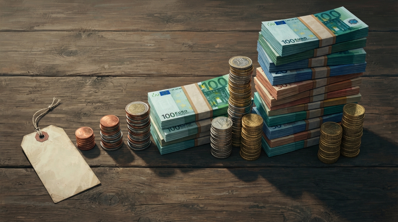 Editorial illustration of A row of coin-and-banknote stacks rises unevenly across a weathered wooden table like a miniature skyline, from a single, representing best group trip destinations 2027