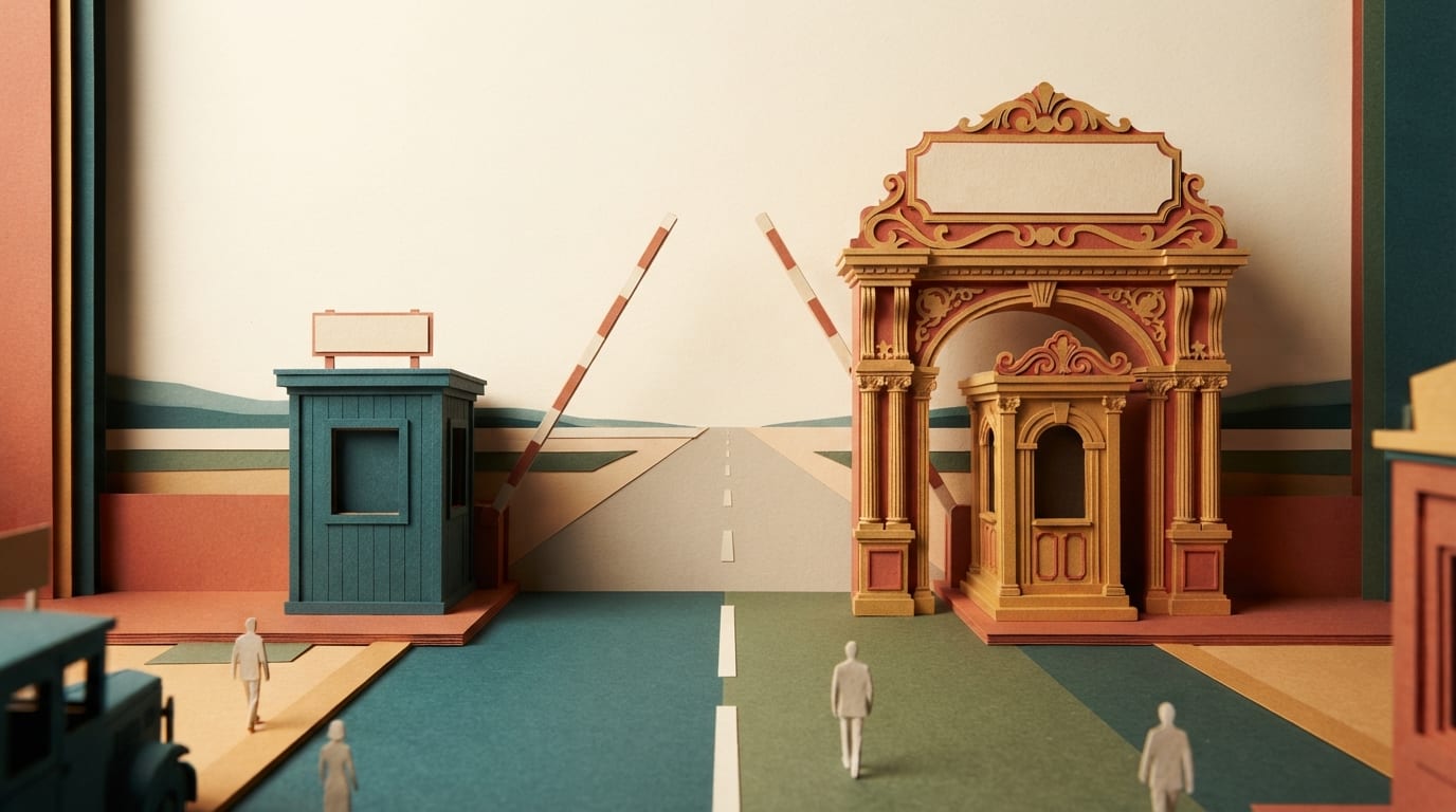 A plain border gate standing beside a needlessly grand twin, both opening onto the same empty road