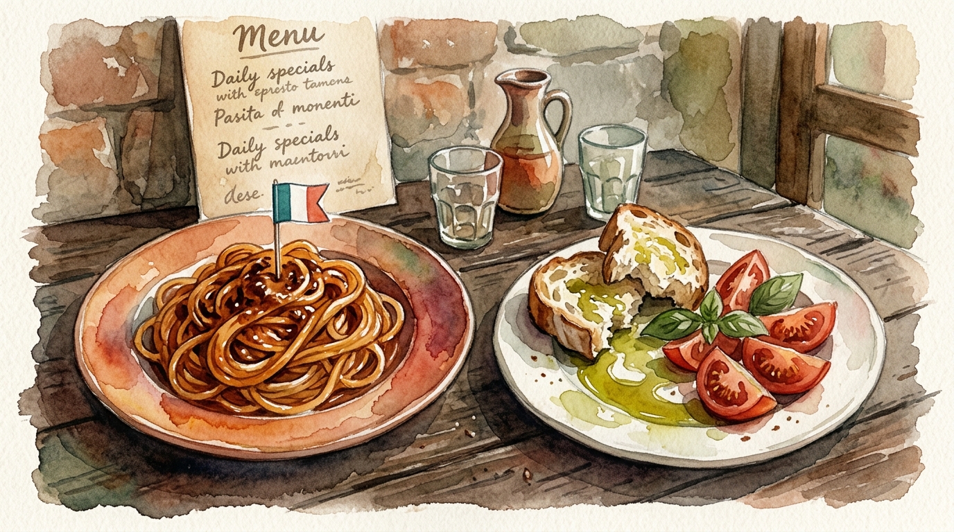 Watercolor illustration of a Mediterranean restaurant table comparing tourist pasta and authentic local bread with olive oil, representing foods tourists think are traditional