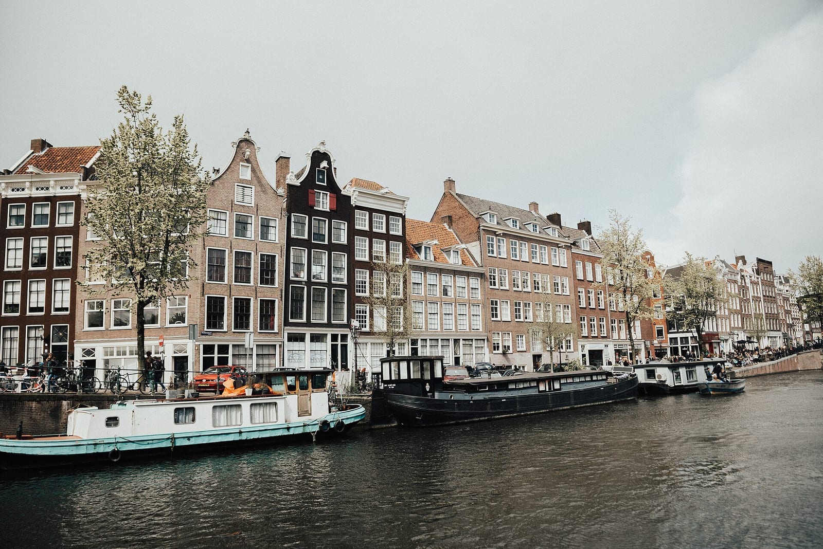 Amsterdam's canal houses lining a stretch of still green water