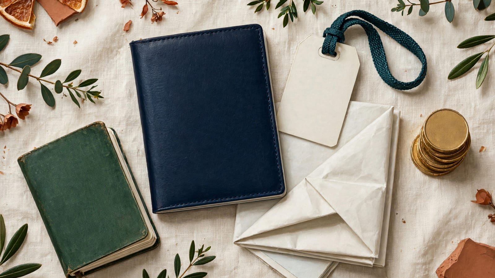 A closed passport, blank luggage tag and folded map corner set out for a trip still being planned