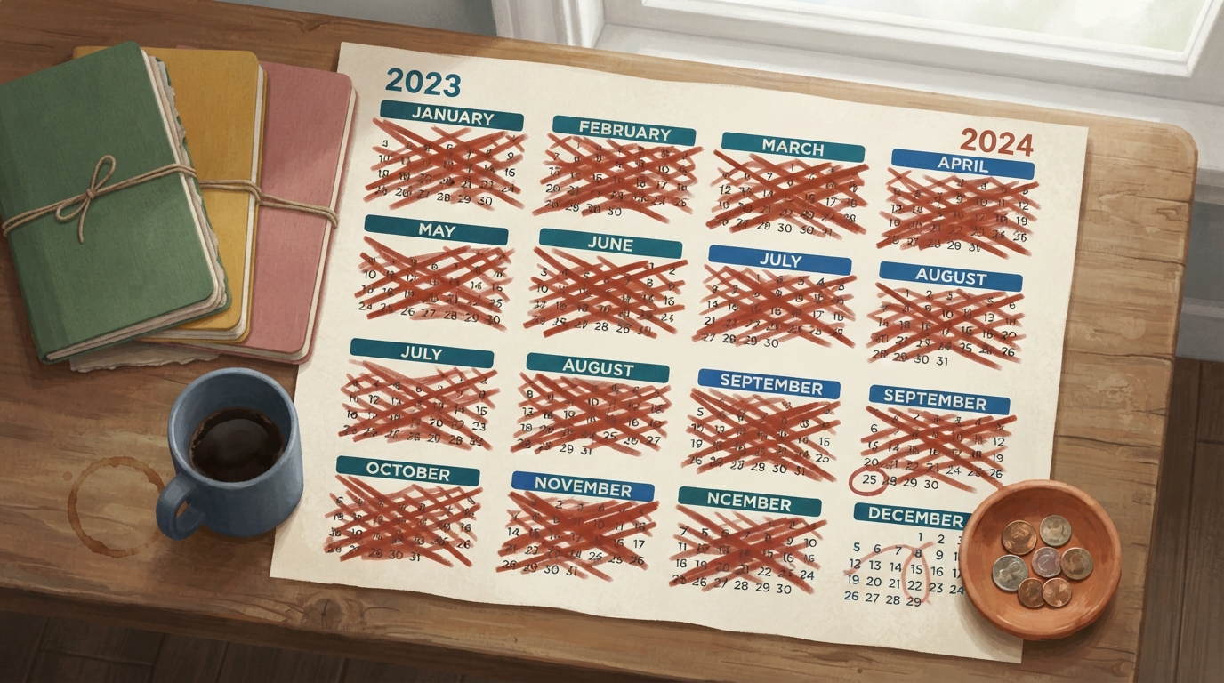 Editorial illustration of An overhead flat-lay of a paper wall calendar with two full years of days crossed out in rust-red marker, a single dista