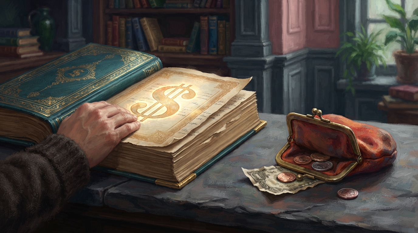 Editorial illustration of Side-by-side still life on a slate countertop: an ornate gold-embossed ledger book lies open to a large glowing dollar f