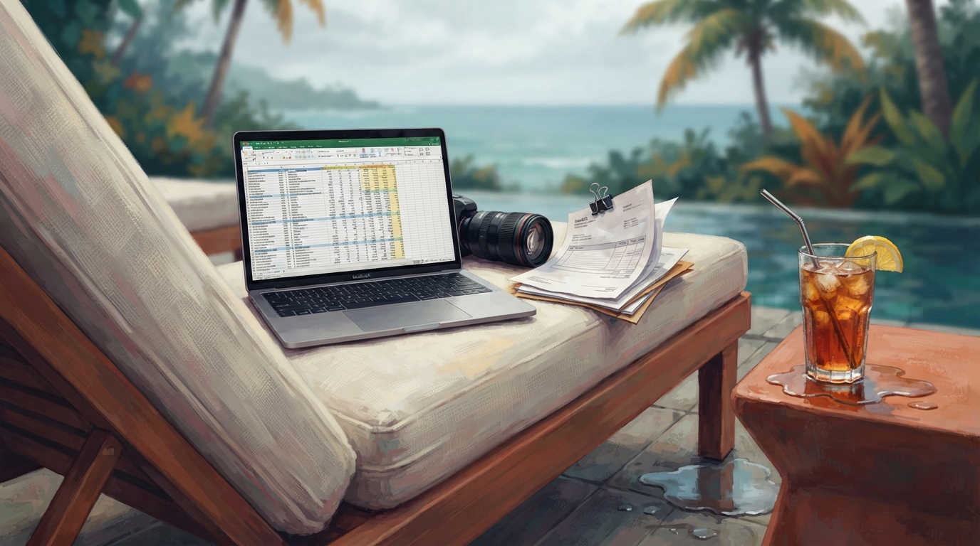 Editorial illustration of A poolside lounge chair at a tropical resort holds an open laptop displaying a dense spreadsheet instead of a beach read