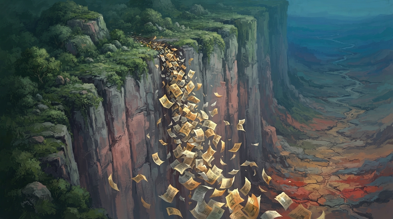 Editorial illustration of A cartographic landscape shows a lush green mountain peak dropping in one sheer vertical cliff into a cracked, near-dry 