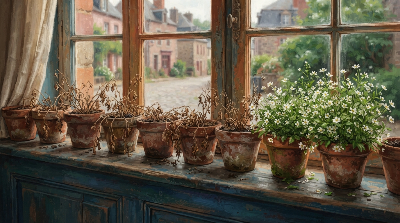 Editorial illustration of A row of terracotta plant pots lines a weathered windowsill, most of them holding brittle, browned, leafless stems colla