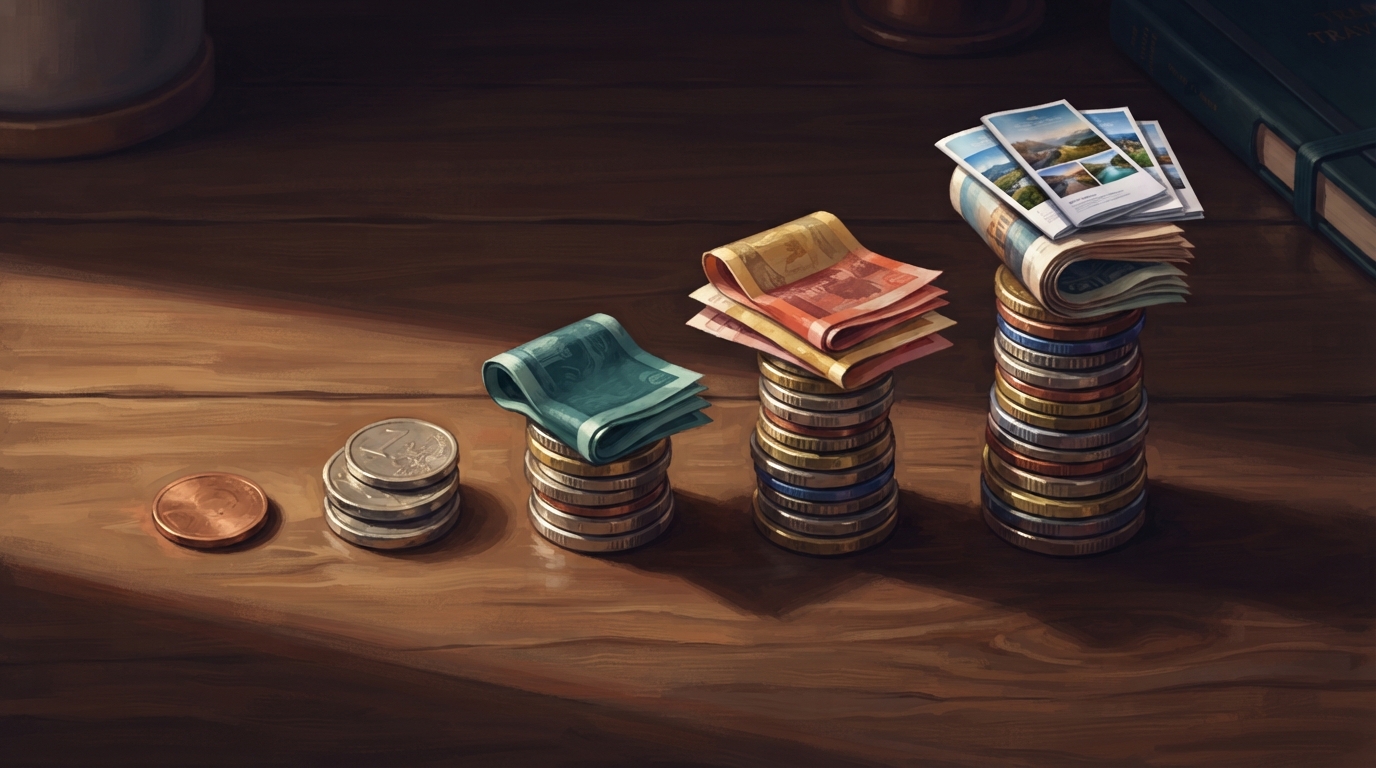 Editorial illustration of An overhead flat-lay on a dark oak desk shows five small stacks of coins and folded banknotes arranged in ascending heig