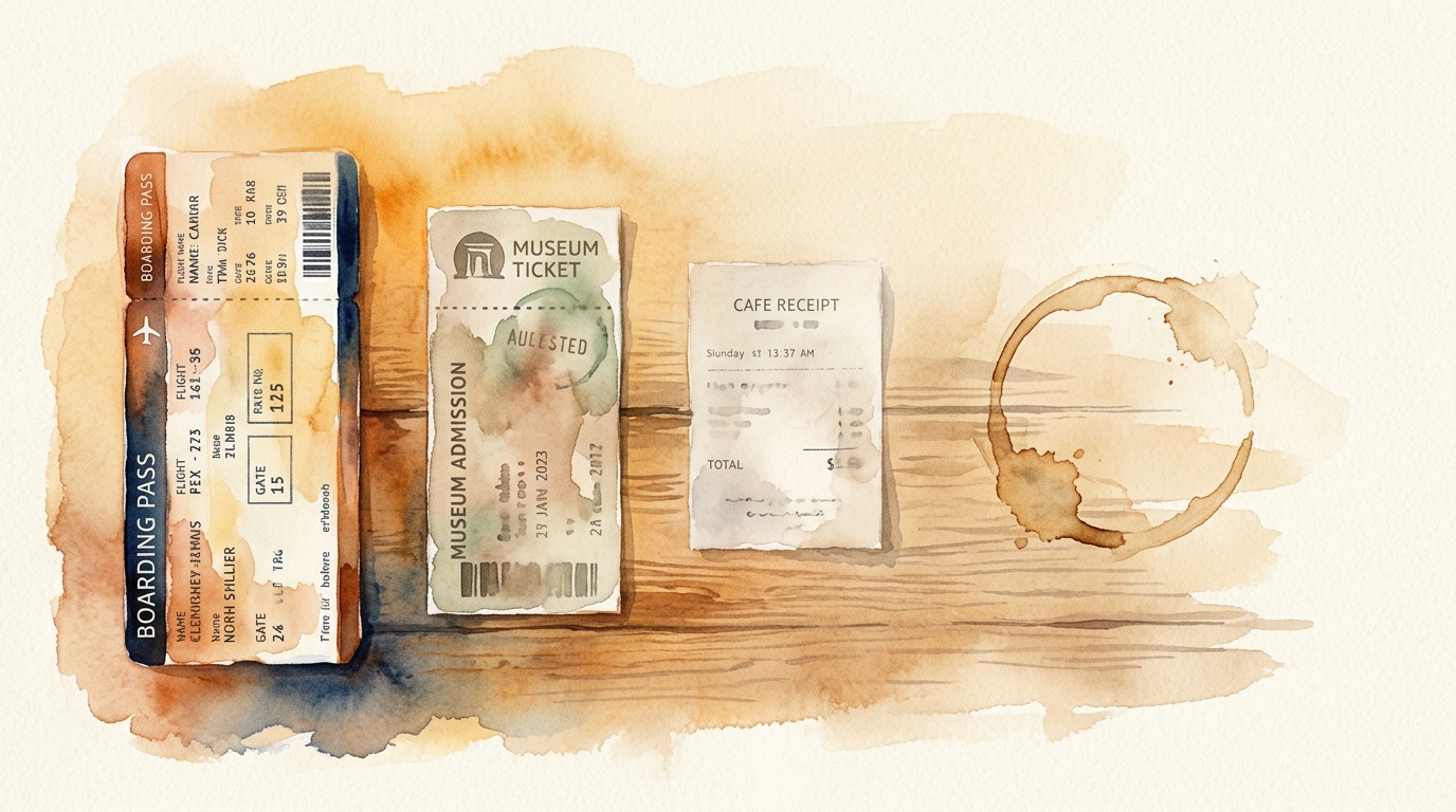 Aquarellillustration eines abgenutzten Holzschreibtischs mit Reiseandenken in einer Reihe, von links nach rechts zunehmend verblasst