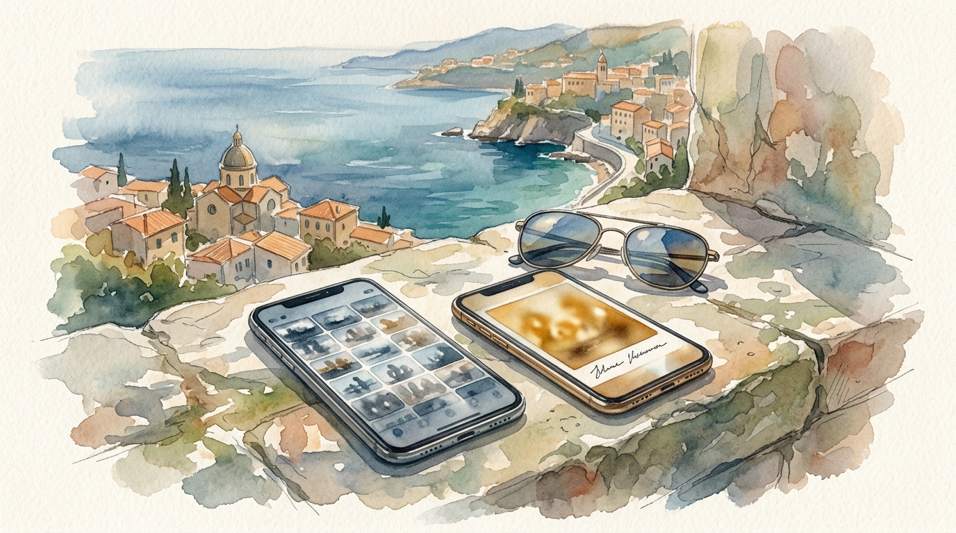 Aquarellillustration von zwei Smartphones, die nebeneinander auf einer sonnenbeschienenen Steinmauer liegen, mit Blick auf eine Küstenstadt